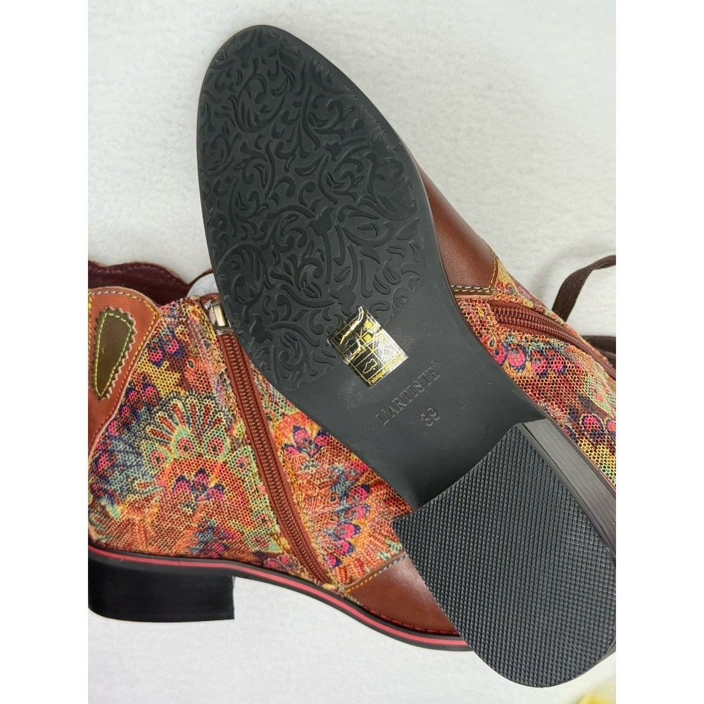 L'Artiste Roselia Floral Tapestry Ankle Boots Brown Multi EU 39 US 8.5 NWT - Picture 7 of 7